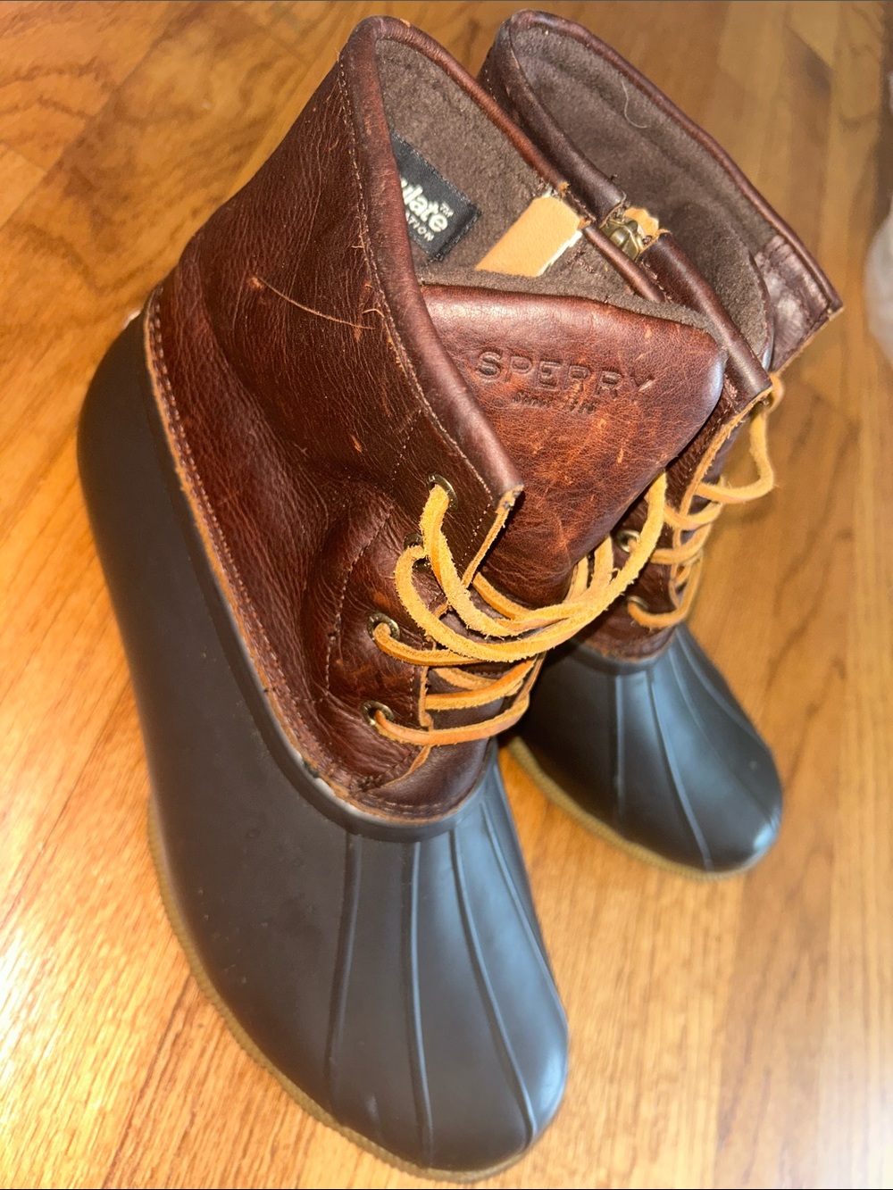 Sperry Brown Leather & Black Rubber Duck Boots with Tan Laces size 10